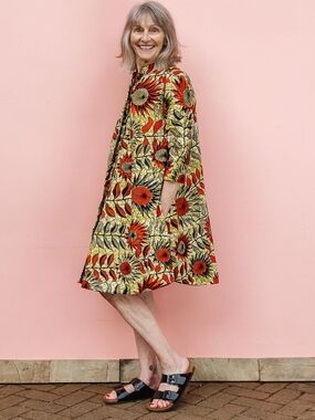 Zuri Kenya Sunflowers A-line Floral Print Cotton Dress in Yellow & Red XL LONG
